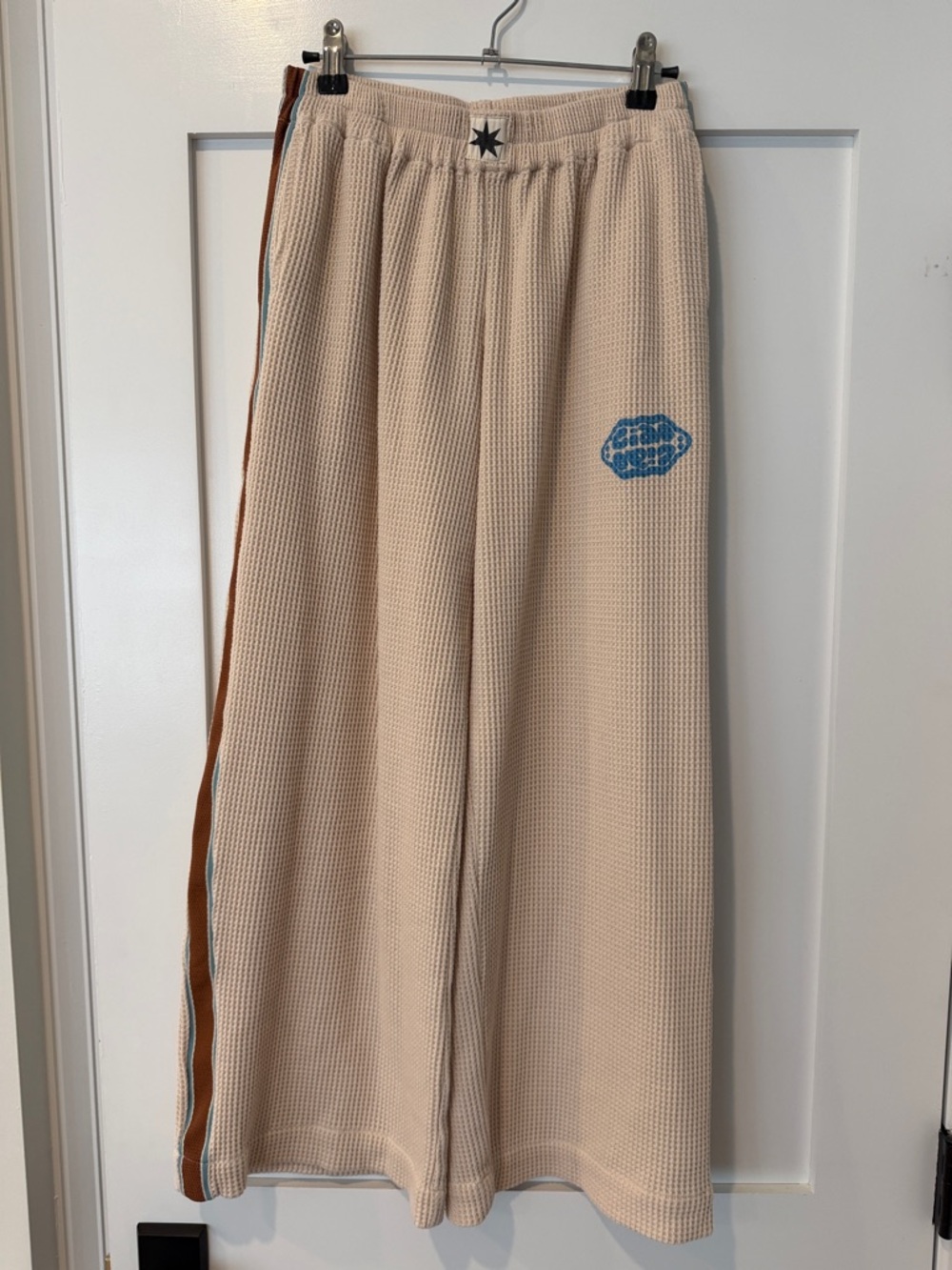 Ciao Ciao Cream Waffle Knit Wide Leg Pants with Blue Logo